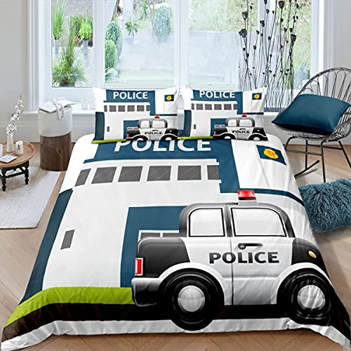 Polizeiauto Bettbezug für Jungen Kinder Teens 135x200,Cartoon Polizist Fahrzeug Bettwäsche Set Schwarz Spezial Auto Bettbezug Weicher Leichter Bettbezug Mit 1 Kissenbezug Blau