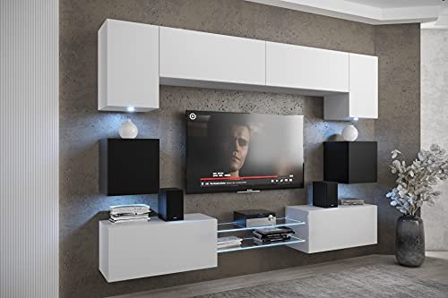 Furnitech Wohnwand Wohnzimmer - Hängend Wohnwand Modern - Wohnzimmer Schrankwand mit Regale und TV Schrank - Wohnzimmer Möbel ohne LED (Nowara ANX1-17WB-M20-1A)