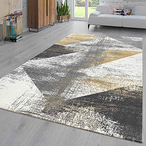 TT Home Wohnzimmer Teppich Kurzflor Abstraktes Design Pastell Used Look Modern Bunt, Farbe: Gelb, Größe:160x230 cm