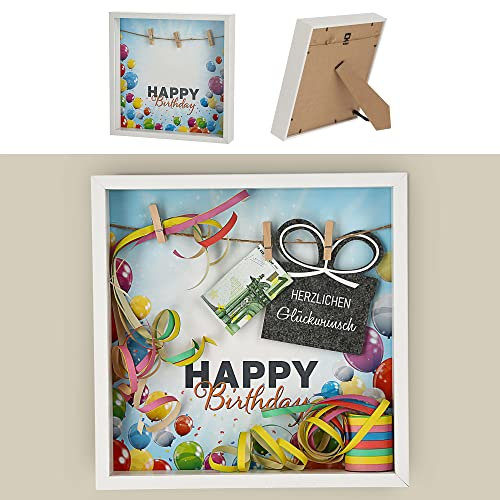 Cepewa Bilderrahmen DIY Geldgeschenk Geburtstag │ Motivrahmen 28x28x4,5cm bunt Wäscheklammer │Geschenk Rahmen (1 x DIY Bilderrahmen Geburtstag)