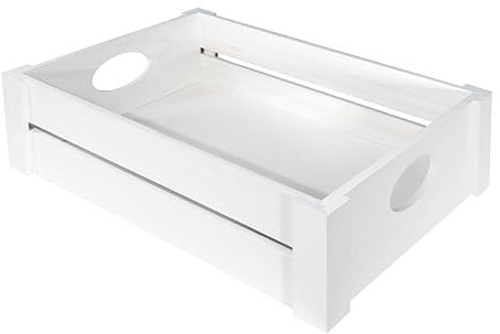 Wickerfield Shallow Wooden Storage Box with Handles Retail Display Tray Kitchen Storage Undershelve Box Bathroom Storage (White, Large)