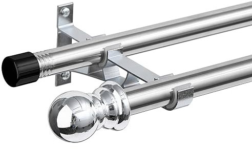 Doppelte Vorhangstangen für Fenster 76-368 cm, 2,5 cm schwere doppelte Fensterstangen - verstellbare dekorative silberne Vorhangstange für Glasschiebetür, Terrasse, Schlafzimmer, Küche, Badezimmer