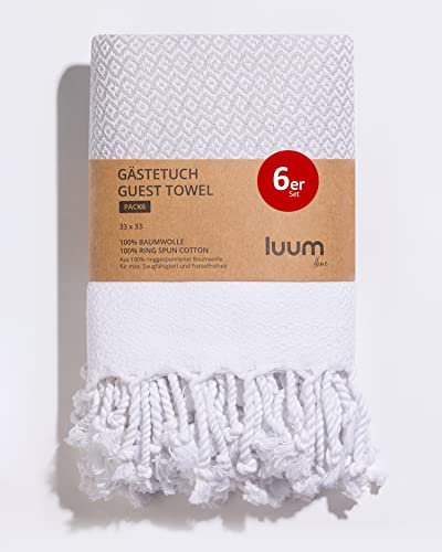 Luum® 6er Set Hamam Gästehandtücher, Deko Handtücher, Seiftuch, Waschlappen, Stoffservietten, Putzlappen, 100% Baumwolle schnelltrocknend fusselfrei Grau 33x33 Geschenkset Geschenke für Frauen