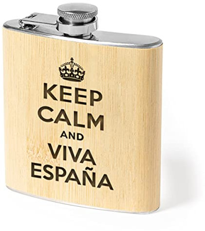 Planetacase - Petaca Personalizada - Keep Calm And Viva España - Acero Inoxidable y Bambú - 200 ml - Regalo Ideal para Familiares y Amigos, Keep Calm And Viva España, Acero Inoxidable