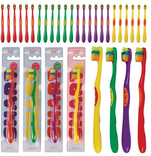 SmartSmile 72 Pcs Bulk Kids Toothbrushes Individually Wrapped - Assorted Colors with Animal Paw Prints - Popular Dental Office Patient 21-542