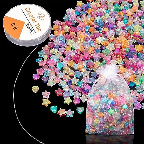 Sternform Farben Perlen und Herzperlen 600 Stück Perlen zum AuffäDeln mit 1 Rolle Kordel und Beutel Bunte Acrylperlen für DIY Schmuckherstellung Halskette