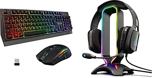 THE G-LAB Combo TUNGSTEN - Tastiera da Gaming Wireless Retroilluminata e Mouse - Tastiera ITALIANA & K-Stand Radon Supporto per Cuffie da Gioco - Retroilluminazione RGB, USB HUB 2 x 2.0