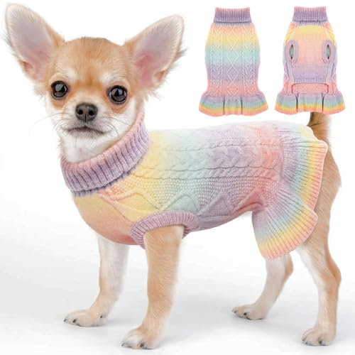 KATZINST Hundepullover, Schöne Hundepullover Weihnachten, Warm Rollkragen Hundepulli, Hund Pullover und Katzenpullover, Hundepulli für Kleine Hunde Katzen Chihuahua Teddy Yorkshire, Regenbogen, S