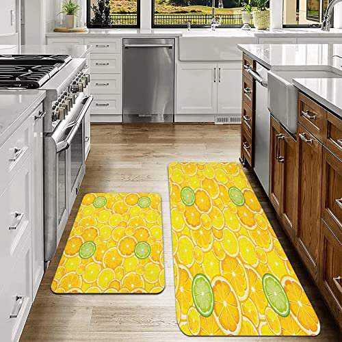 Küchenläufer 2 Stück, küchenteppich waschbar rutschfest,Gelbe Zitrone, Orange, Limette, Frucht, Zitrus, runder Schnitt, Kre,Teppich küche Gummirücken Küchenmatte für Esszimmer, Küche(40x60cm+40x120cm)