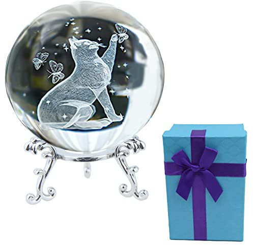 FAICOIA 3D-Katzen-Kristallkugel für Weihnachten, Glasfigur, lasergraviert, 60 mm, Kristallkugel mit Ständer, dekorative Kugel, Glaskugel, Briefbeschwerer, Kunst, Kristall, Geschenke für