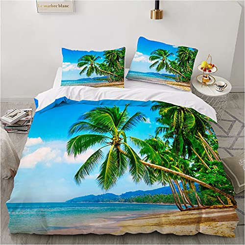 Damier Bettwäsche 155x220 3 Teilig Strand Meer 3D Bettwäsche Blau Grün Beach Bettbezug Set Weich Mikrofaser Bettwäsche für Zimmer Deko Hawaii Strand mit Reißverschluss und 2 Kissenbezüge 80x80 cm