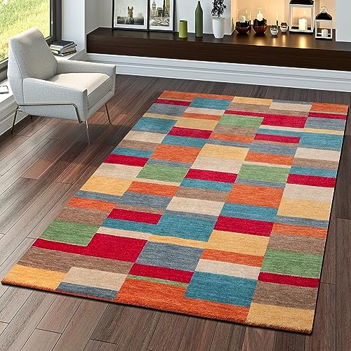 TT Home Teppich Indischer Gabbeh Handgefertigt Modern 100% Wolle Karo In Multifarben, Größe:200x300 cm