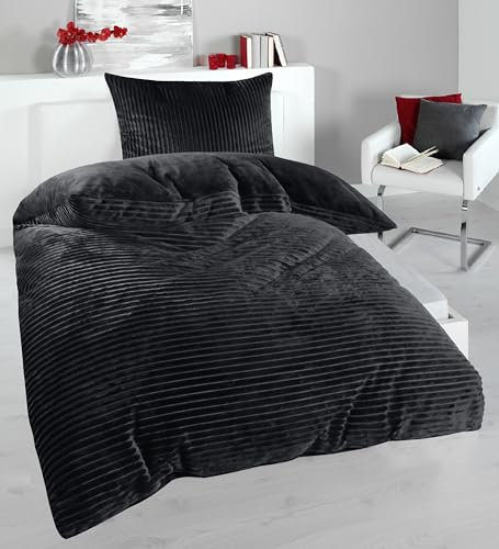 MB Warenhandel24 Bettwäsche 135x200 + 80x80 cm Winter Microfaser Flausch Fleece Thermofleece warm Cashmere Touch Teddy Coral Fleece 2 TLG teilig (Cord Schwarz, ca. 135x200 + 80x80 cm)