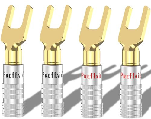 Preffair Y Spade Connector,45 Degree Fork Spade Plug DIY,Double Screw Locking Speaker Cable Plug for Speaker Cables, 4 Pieces, Double Screws (Gold Plated, SY1522)