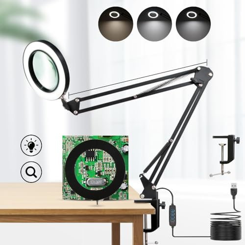 CHENBEN 10X Magnifying Glass With Light Dimmable, LED Magnifying Lamp With Remote Control, Magnifier Lamp 3000K-6500K, Adjustable Clamp Light (3 Colors & 10 Brightness), For Craft work, Embroidery