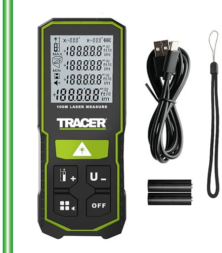 TRACER Laser Measure 100m (328ft), Portable Laser Measure Device with High-visibility Green Laser, Laser Distance Meter with Batteries and USB cable. IP54 Waterproof/Dustproof