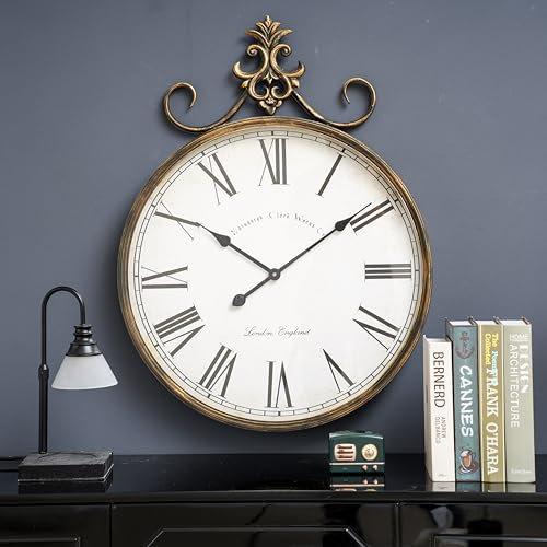 SHYFOY Große Vintage Wanduhr Wohnzimmer XXL Metall Retro Gold Romische Zahlen Wanduhren für Küche Wohnzimmer Bar, 70 x 51 cm