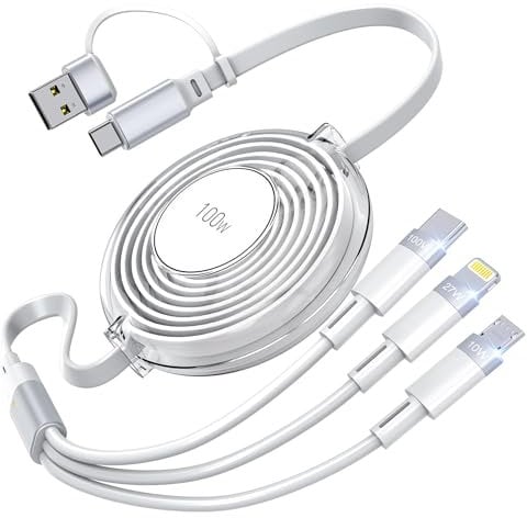 Retractable iPhone Charger, 3-in-1 Multi Charging Cable, 100W Fast Charging USB-C/A to Lightning/Type-C/Micro Retractable USB-C Cable for iPhone 15, Samsung, MacBook, iPad