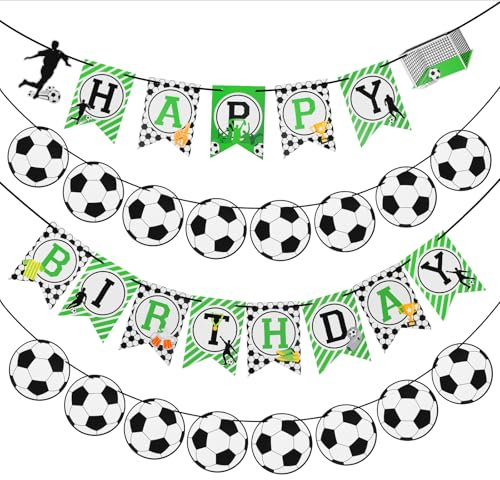 4 Stück Fussball Banner Deko,3m Fußball Wimpel Banner Fußball-Thema Party,Fußball Banner Dekoration Fußball Girlande,Fußball Happy Birthday Banner für Euro 2024 (Happy Birthday)
