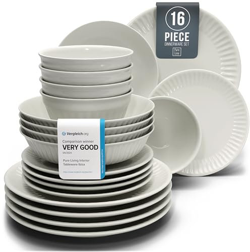Service de vaisselle en grès pour 4 personnes HYGGE 16 pièces - Design scandinave élégant - Set de bols et assiettes - Service de table pour 4 en design strié - Pure Living gris clair