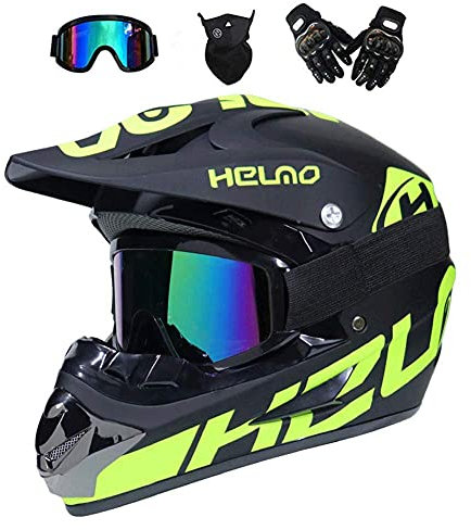 Unisex Volles Gesicht MTB Motocross Helm, mit Brille Maske Handschuhe, Jugend Kind Offroad Motorrad ATV Roller Absturz Helm, Bergab Quad Dirtbike Enduro Helm, Geschenk für Junge und Mädchen(Light Gree