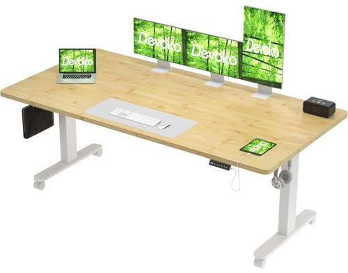 Devoko Höhenverstellbarer Schreibtisch mit 2 Motoren,25mm Einteilige Tischplatte, 200x80 cm Mobiler Elektrisch Computertisch mit Kabel Management,Bambus - Perfekte Ergonomie für Dein Büro