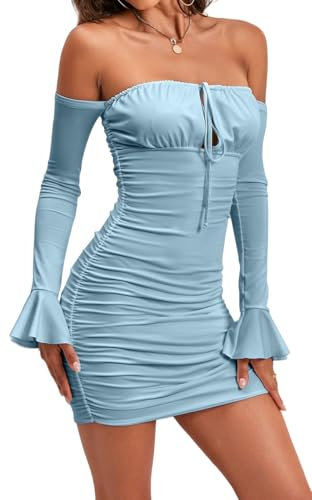 Zesoyne Womens Off The Shoulder Ruched Bodycon Mini Dress Flounce Long Sleeve Tie Front Short Club Dresses Large Light Blue
