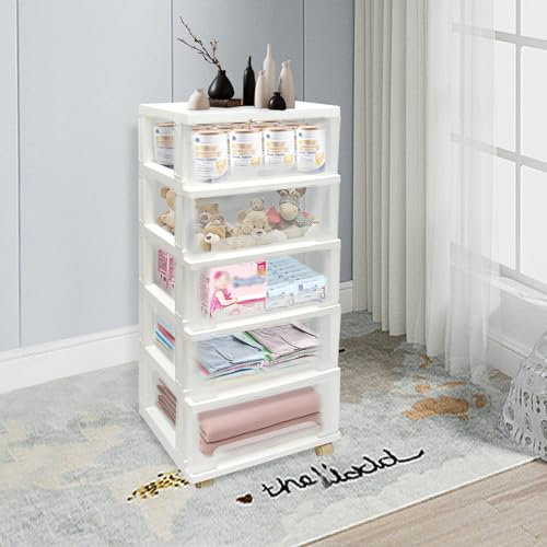 Kunststoff Schubladenschrank, 5 Etagen Schubladen mit 4 Rädern, Organizer Schublade, Schubladenregal, für Büro, Schule, Schreibwaren, A4-Papier, Lehrbücher, Schmuck, Kosmetika, Weiß, 40 x 33 x 98cm