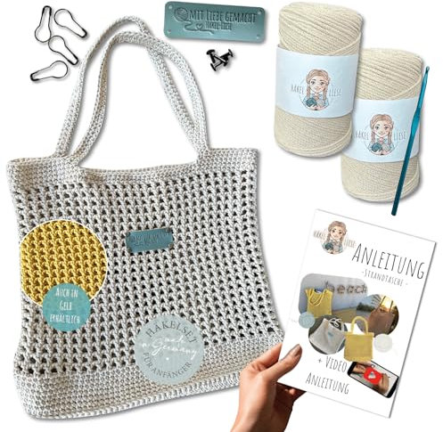 HÄKEL LIESE Häkelset Für Anfänger - Strandtasche Damen, Wolle Zum Häkeln, Häkelnadel Set, Netztasche Sandspielzeug, Aesthetic Stuff Clean Girl, DIY Set Erwachsene, Baumwolltasche