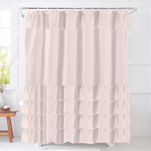 COSEVIER Duschvorhang mit Rüschen, Landhausstil, niedlicher Vintage-Stil, Shabby-Chic-Stil, strukturierter Stoff, Badezimmer-Vorhang, 183 x 183 cm, Rosa