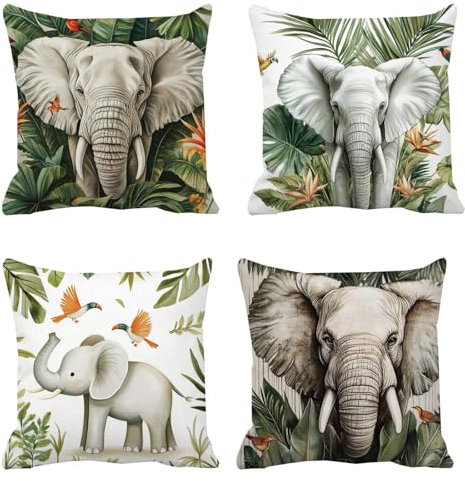Coussin Exterieur Impermeable, Housse de Canapé Decoration Maison, Éléphant de forêt Coussin Chambre, Lot de 4 Taie d'Oreiller 40 x 40 cm 16x16in, pour Patio Jardin Salon Housse Coussin, Lavable c-678