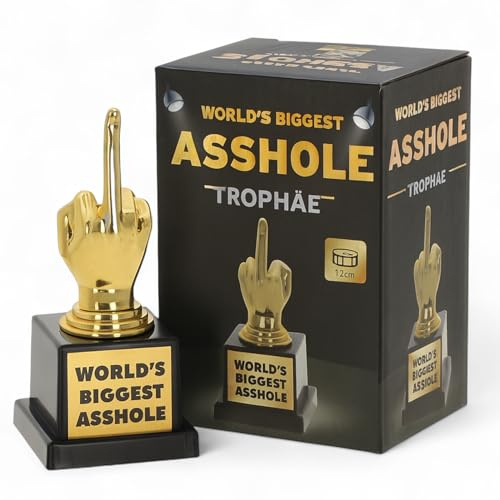 MIJOMA Trofé World's Biggest, gyllene rolig trofé ca 12 cm, rolig pokal som festartikel och skämtpresent till EX