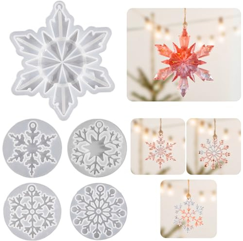 Lot de 5 moules en silicone en forme de flocons de neige de Noël, en résine époxy, pour bijoux et pendentifs, moules en résine pour décorations de Noël, porte-clés et cadeaux