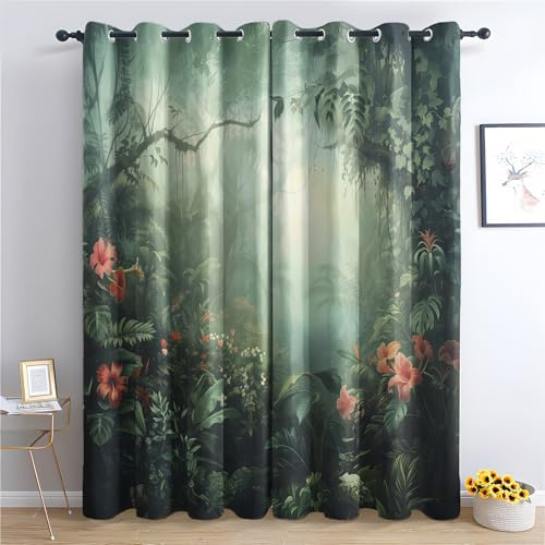 Luxfieo Dschungel Vorhänge Tropische Regenwald Botanisch Wald Vorhang Blickdicht Gardinen Verdunklungsvorhänge mit Ösen Thermovorhang für Wohnzimmer Schlafzimmer Fenster Deko 2er Set H 166 x B 75 cm