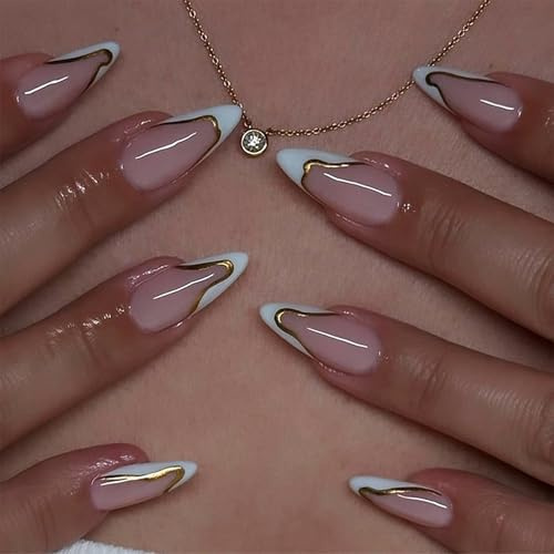 Chrome Press On Nails French Tip, Weiß & Gold Glitzer Nägel zum Aufkleben Kurz Mandel, 24 Stück Sparkle Bling Fake Nails, Glasiert Nude Künstliche Fingernägel für Frauen, Glossy Nail Art Maniküre