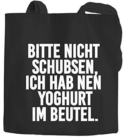 MoonWorks Jutebeutel Spruch Bitte nicht schubsen ich habe einen Yoghurt im Beutel Baumwolltasche Stoffbeutel Tragetasche schwarz 2 lange Henkel