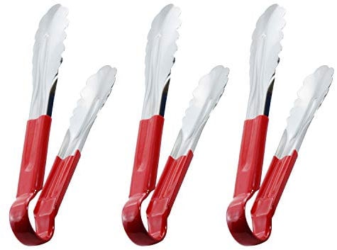 HINMAY 9 Inch Handy Kitchen Tongs Stainless Steel Cooking Tongs, Set of 3 (9 9 9 Inch, Red)