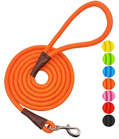 MayPaw 4/6/8/10 FT Dog Lead, Classic Solid Colours, Strong Nylon Rope Dog Lead Reinforced with Leather Tailor Connection Heavy Duty Silver Clasp (10ft*1/2, Orange)