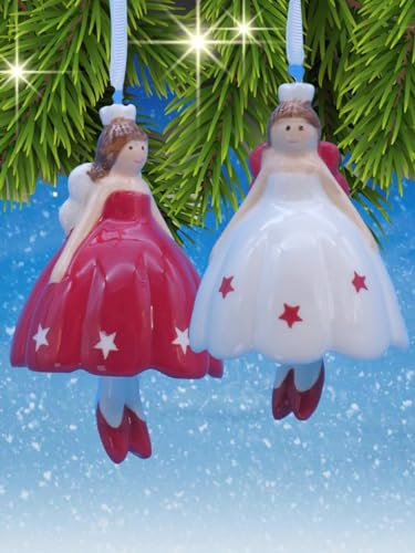 POMMERNTRAUM ®| Baumschmuck Christbaumschmuck Weihnachtsdeko Engel Schutzengel Nana Mollyengel Keramikengel Rubensfiguren Rubensengel mit Glöckchen (2-er Set Keramik)