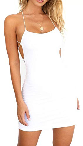 JFAN Robe De Dames Ete Bretelle Dos Nu VêTements Mini Jupe Clubwear Stretch Dress Blanc S