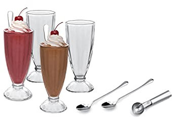 Le Regalo 9 Piece Ice Cream Serving Set - 4 Ice Cream Cups, 4 Ice Cream Spoons and 1 Scoop for Sundaes, Milkshakes, Ice Creams and Desserts, Silver, Large