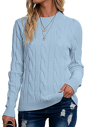 Breampot Women Cable Knit Jumper Casual Basic Long Sleeve Pullover Sweater Tops(Blue,XX-Large)