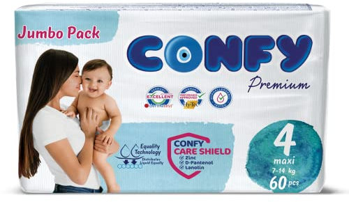 Confy Windeln für Kinder (7-14 kg), Gr. 4 Jumbo Packung (60 Stk), Rundum Auslaufschutz