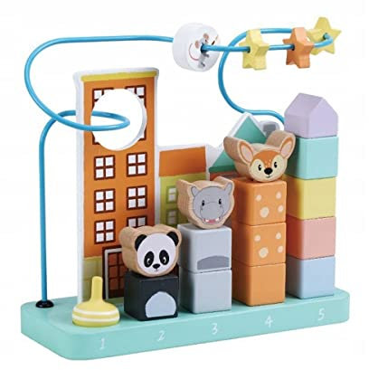 Sun Baby Holzspielzeug Motorikschleife Roller Coaster mit Tiere Motiv ungiftiges Lernspiel ab 12 Monaten