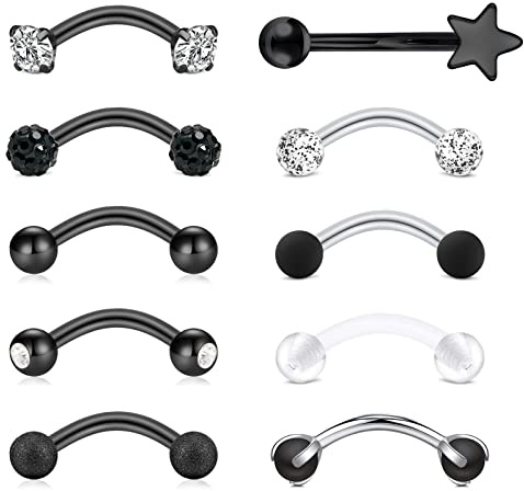 Rajnard 9-10 Stück Augenbrauenpiercing Rook Piercing Ohrringe 16G 8mm Chirurgenstahl Augenbrauenringe mit Diamant Perle Star Daith Piercing Bauchnabelpiercing