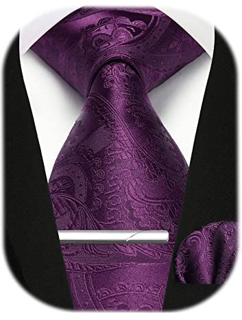 Enlision Herren Krawatten und Einstecktuch krawattenklammer Set Lila Paisley Krawatte Taschentuch Krawattennadel Für Männer Business Hochzeit,Lila,Einheitsgröße