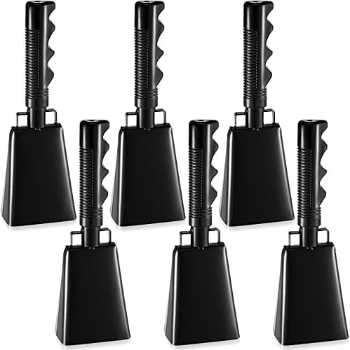 6 Stück Kuhglocken Bulk schwarze Kuhglocke mit Griff, 22.9 cm, jubelnde Handglocken, Stahlgeräuschmacher, lauter Kuhglocken-Alarm für Sportveranstaltungen, 3x2x9 inch/ 7.5x5x22.5 cm, Baseball