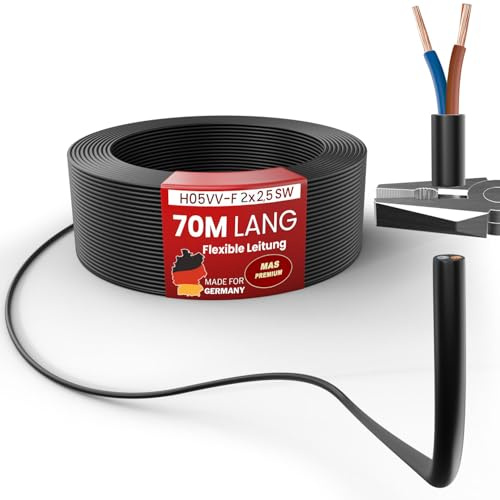 MAS Premium Von 5 bis 100m Kunststoffschlauchleitung H05VV-F 2, 3, 4 oder 5 x0,75; x1; x1,5 oder x2,5 Flexible Leitung Kabel Leitung Gerätekabel (H05VV-F 2x2,5 SW, 70m)