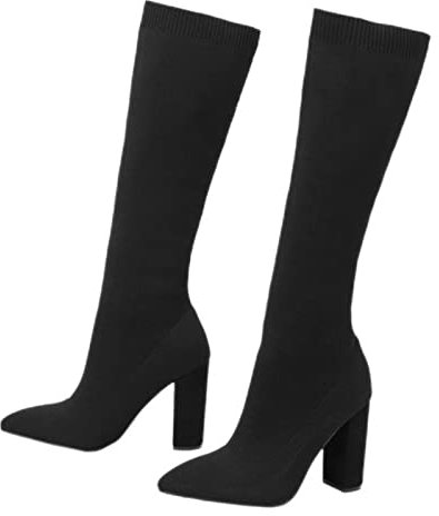 PAXAS Moda Slim Fit ginocchio alto calzino stivali donna nero tessuto elasticizzato punta punta tacco quadrato casual slip on scarpe stivali - nero, 41