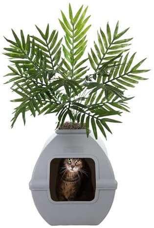 Good Pet Stuff, The Courtyard versteckte Katzentoilette, künstliche Pflanzen und geschlossene, quadratische Katzentoilette, belüfteter und Geruchsfilter, leicht zu reinigen, steingrau